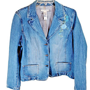 VTG Liz Claiborne Denim Blazer Jacket Size Large Floral Embroidery Crazy Horse